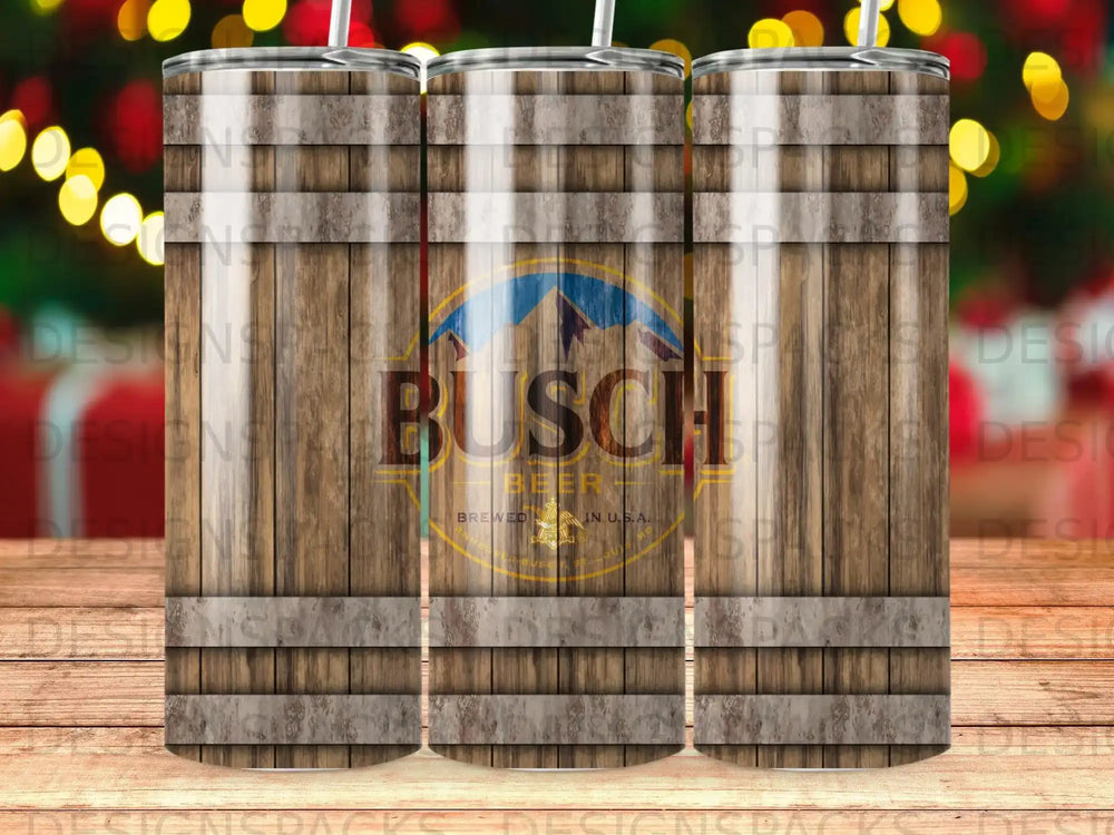 Busch beer logo on a wooden barrel design tumbler with straw.
