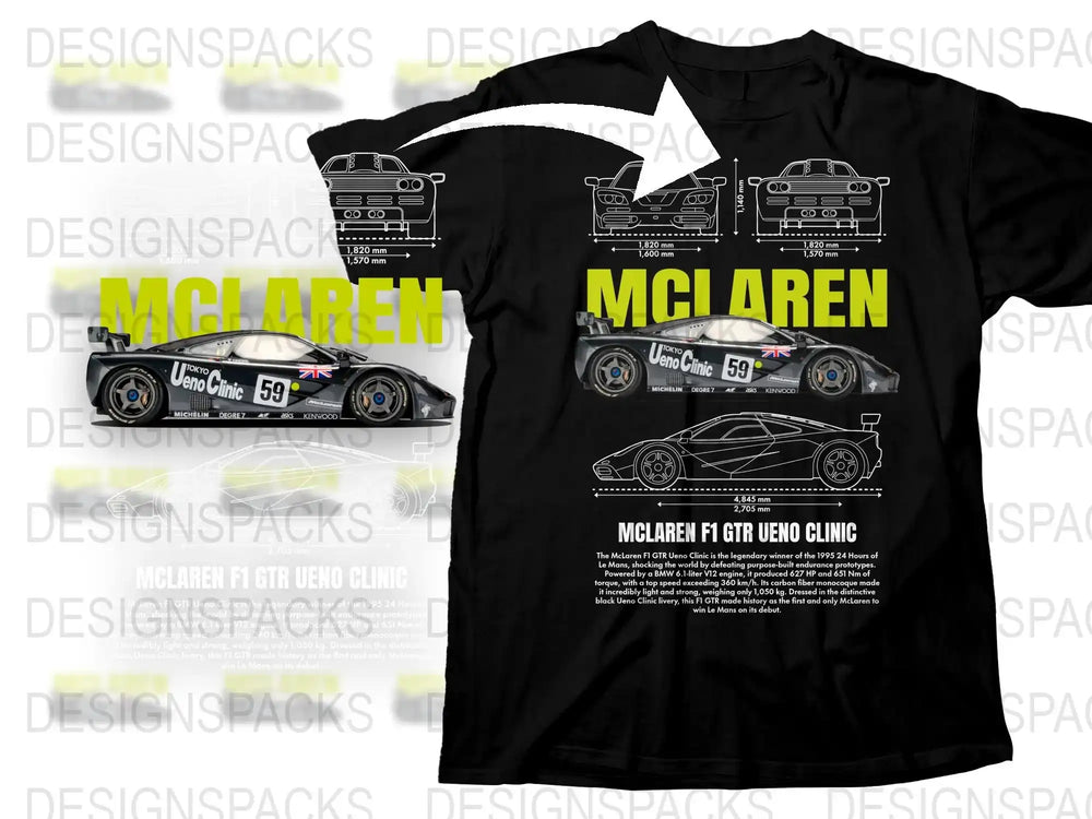 McLaren F1 GTR Ueno Clinic Race Car Graphic T-Shirt, Automotive Enthusiast Apparel, Motorsport Tee, Gift for Car Lovers