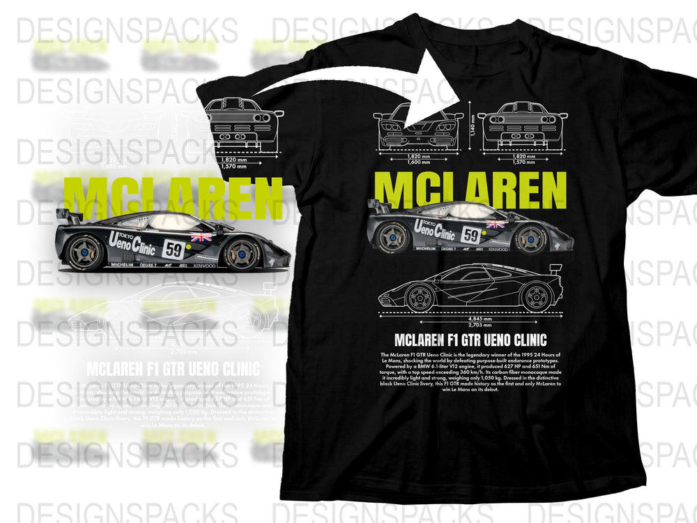 McLaren F1 GTR Ueno Clinic Race Car Graphic T-Shirt, Automotive Enthusiast Apparel, Motorsport Tee, Gift for Car Lovers