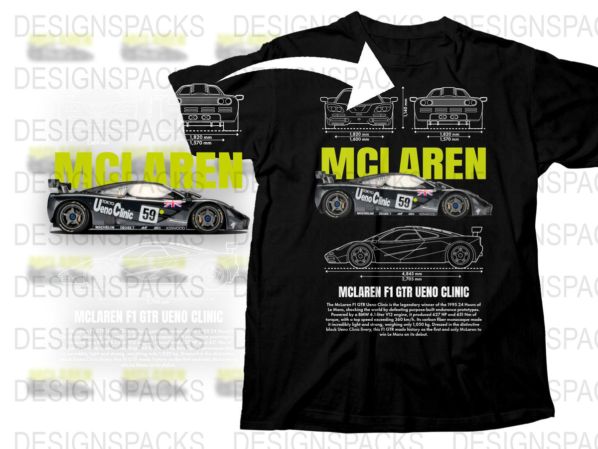 McLaren F1 GTR Ueno Clinic Race Car Graphic T-Shirt, Automotive Enthusiast Apparel, Motorsport Tee, Gift for Car Lovers
