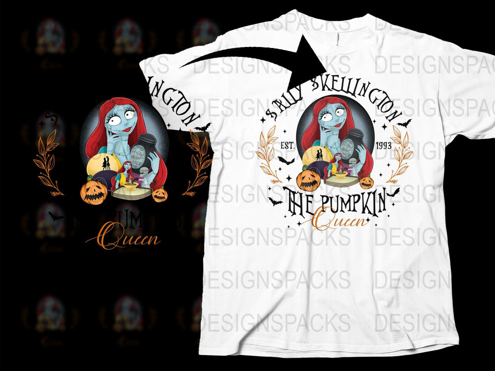 Halloween T-Shirt 'The Pumpkin Queen' Graphic Tee, Spooky Sally Design, Autumn Festival Apparel, Unique Gift for Halloween Lovers