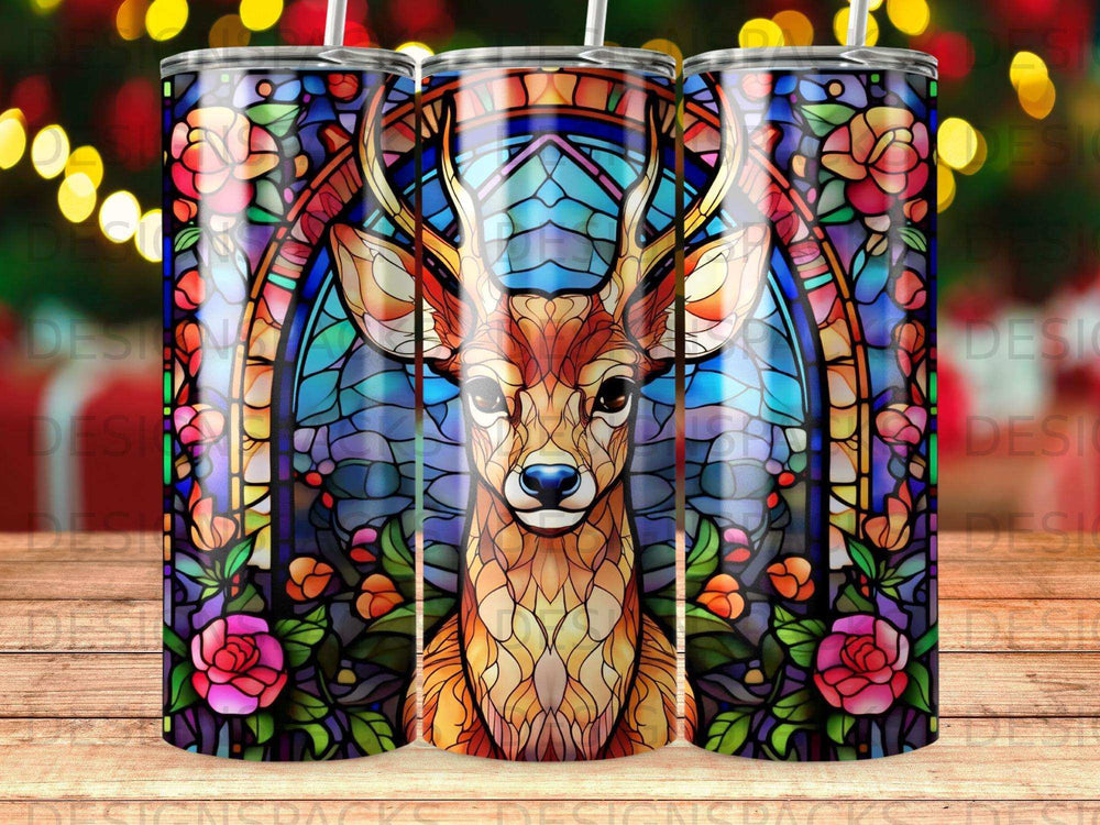 Stained glass tumbler featuring a deer with floral patterns.