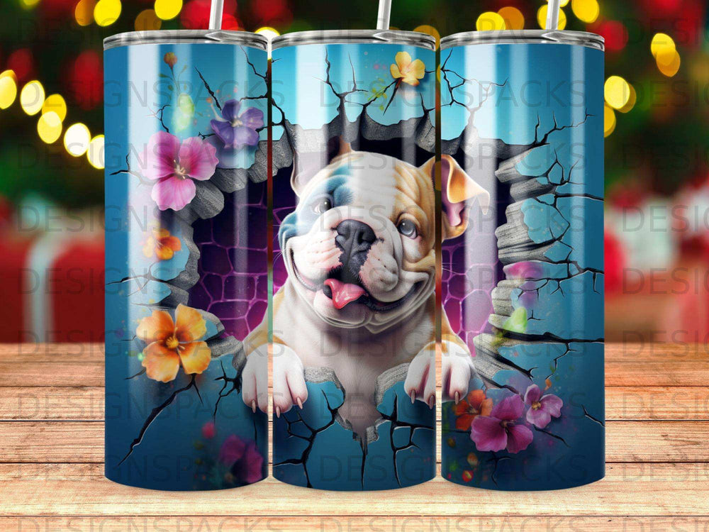 Happy English bulldog breaking through a cracked wall with flowers.