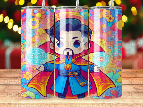 Chibi Doctor Strange with magic orbs on colorful patterned background.