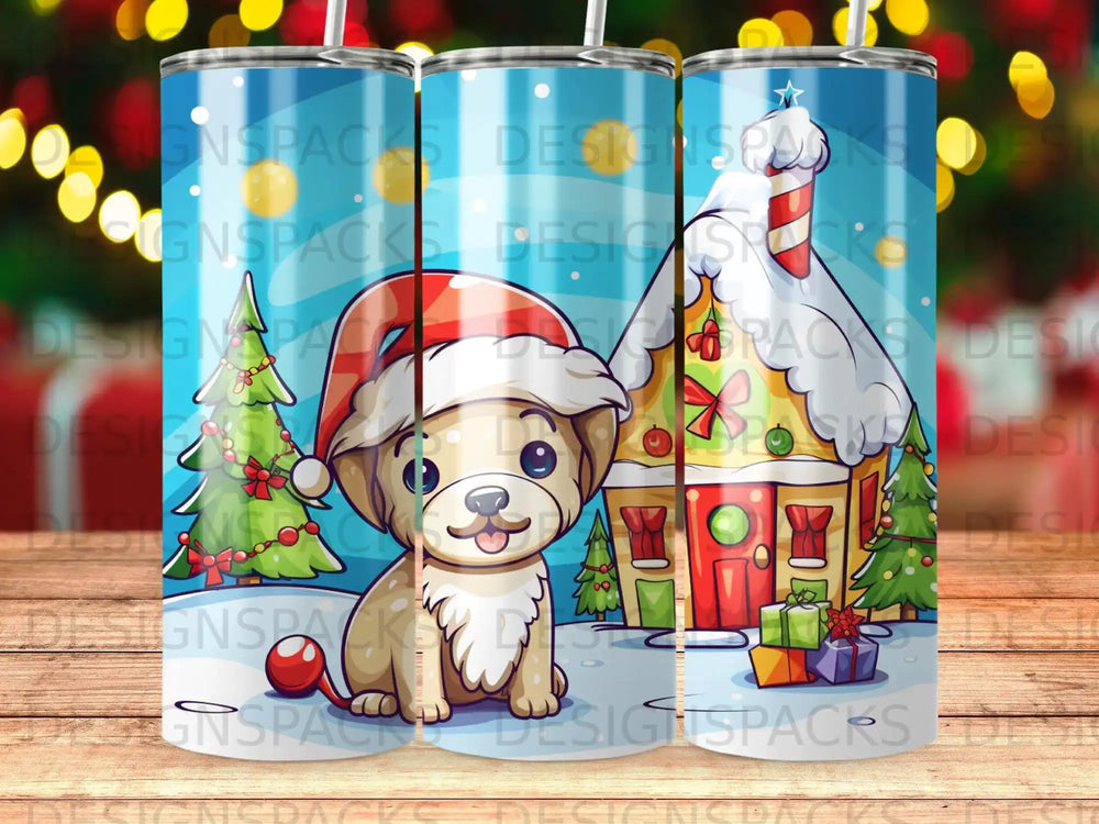 Christmas dog and gingerbread house with presents and snowy trees.