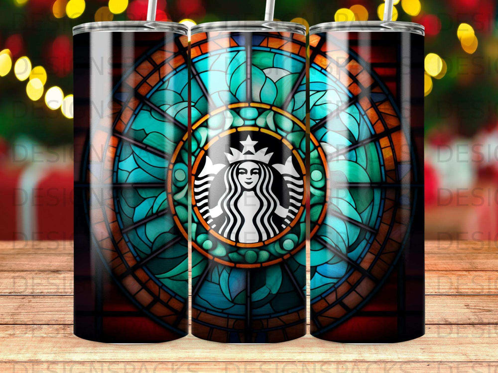 Starbucks logo in a stained glass window pattern on a tumbler.