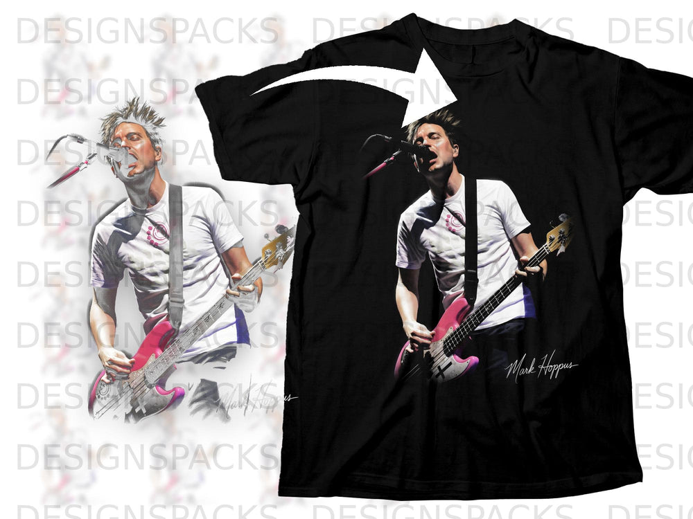 Black t-shirt featuring Mark Hoppus playing a pink bass guitar.