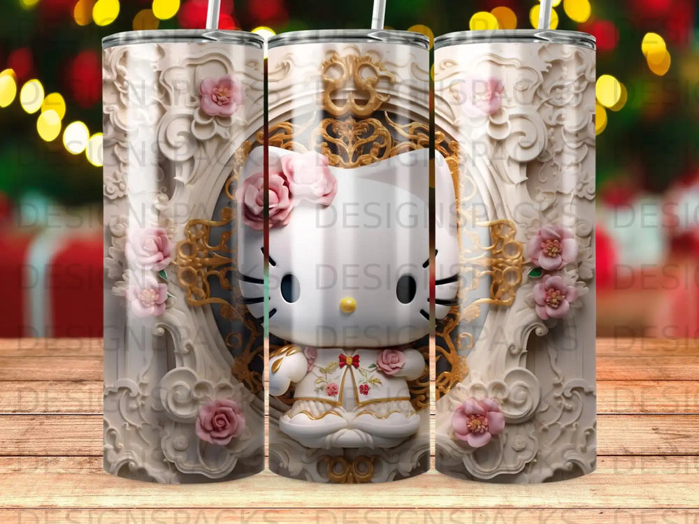 Hello Kitty in ornate golden frame with pink flowers.