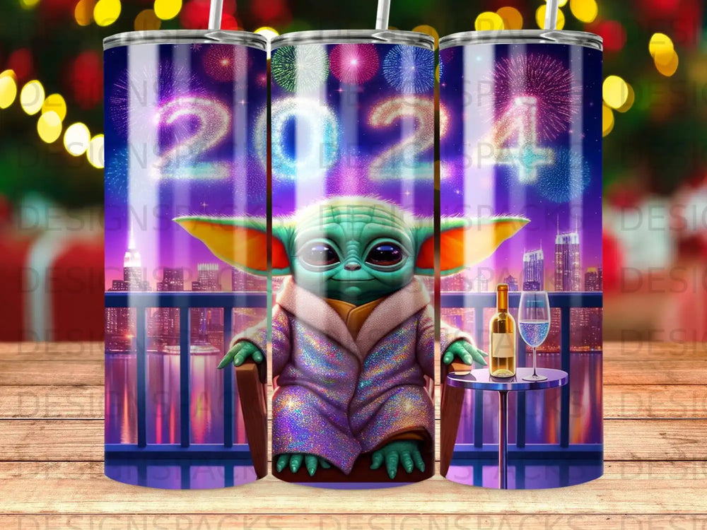 Grogu sits in a chair on a balcony overlooking a cityscape at night with fireworks.