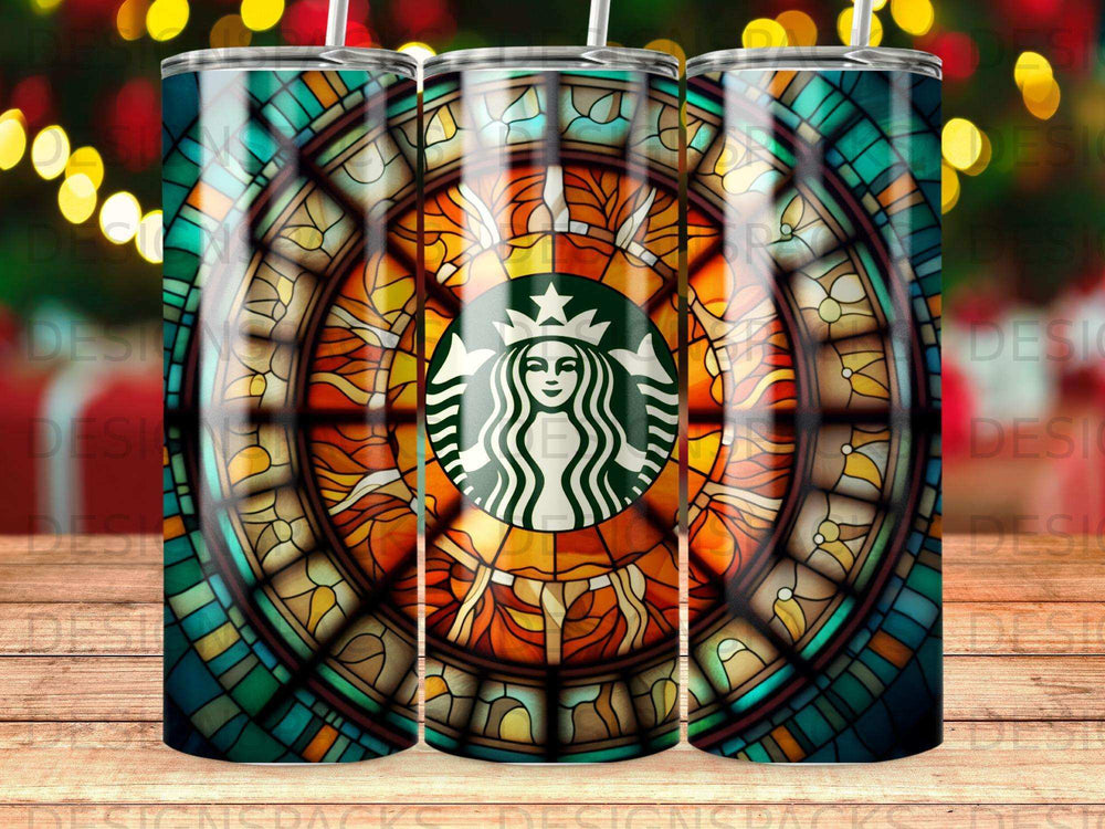 Starbucks logo in stained glass pattern on a tumbler.