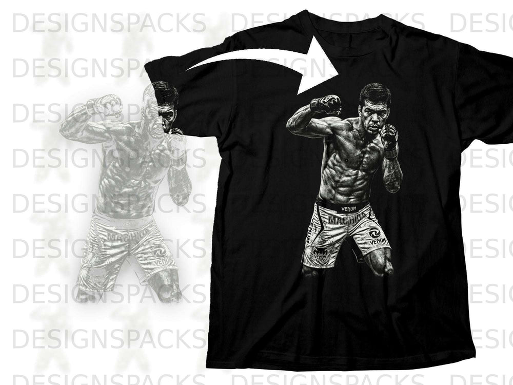 Black t-shirt with graphic of a muscular fighter in fighting stance.