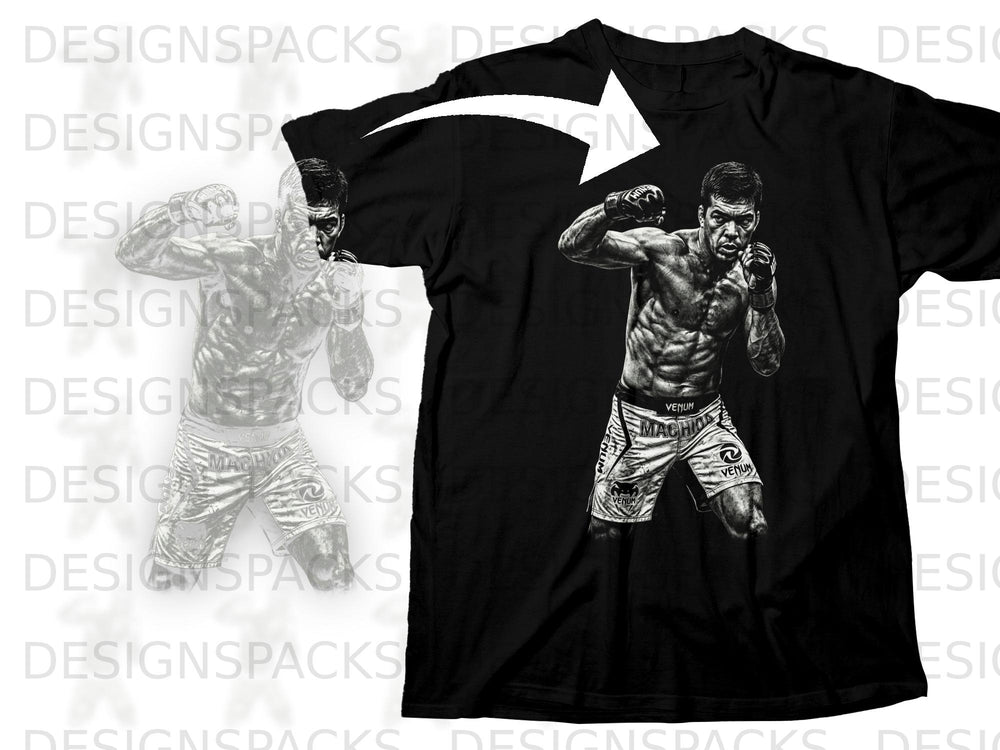 Black t-shirt with graphic of a muscular fighter in fighting stance.