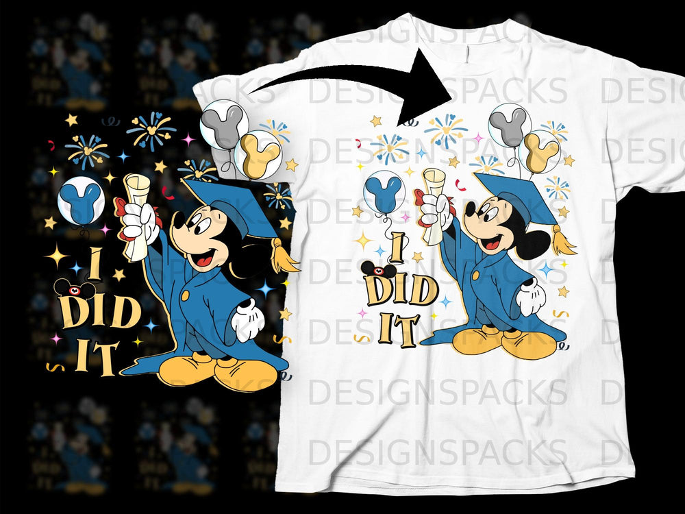 Mickey Mouse in graduation cap holding diploma, with balloons and fireworks.