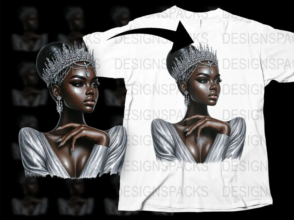 African Queen Art T-Shirt, Elegant Black Woman Portrait, Silver Tiara Graphic Tee, Unique Cultural Apparel