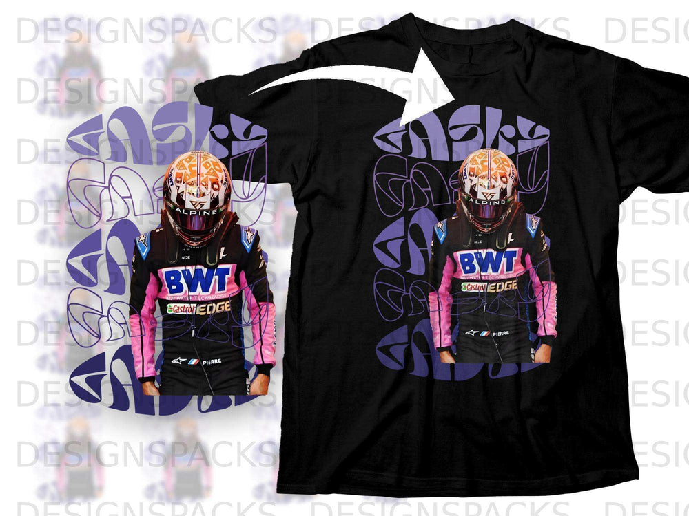 Black t-shirt featuring Alpine F1 driver Pierre Gasly in helmet and racing suit.