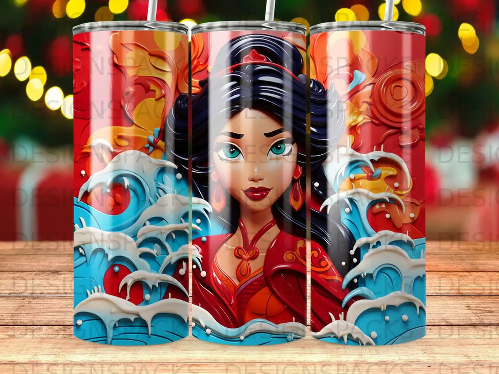 Jasmine from Aladdin with flowing waves and ornate red background.