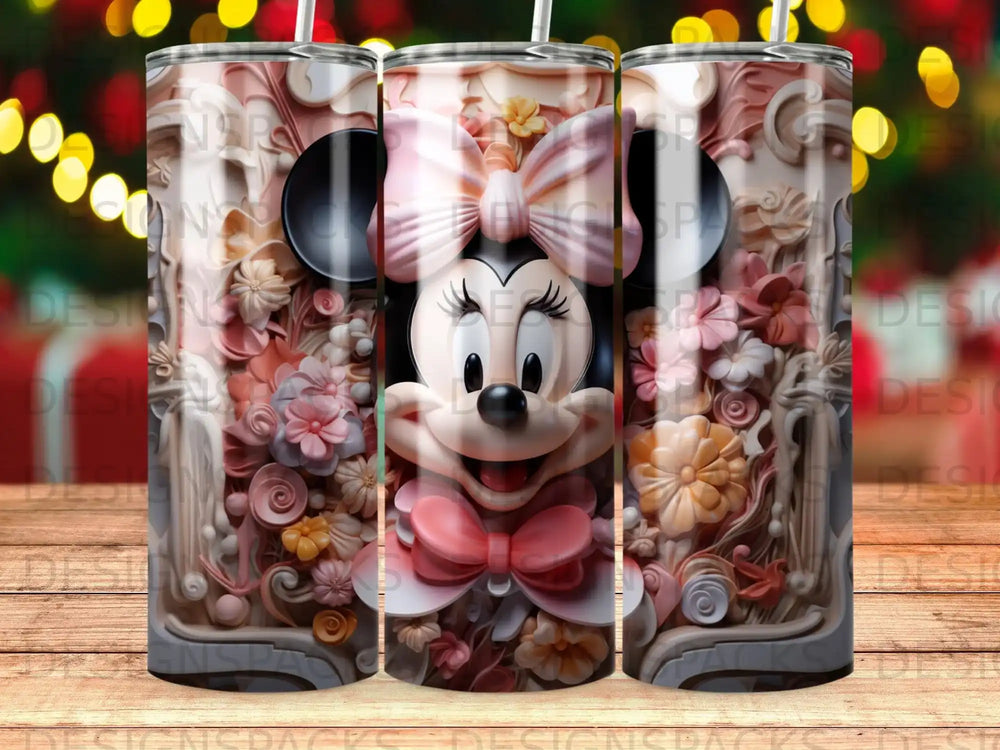 Minnie Mouse in floral frame with bows and pink accents.