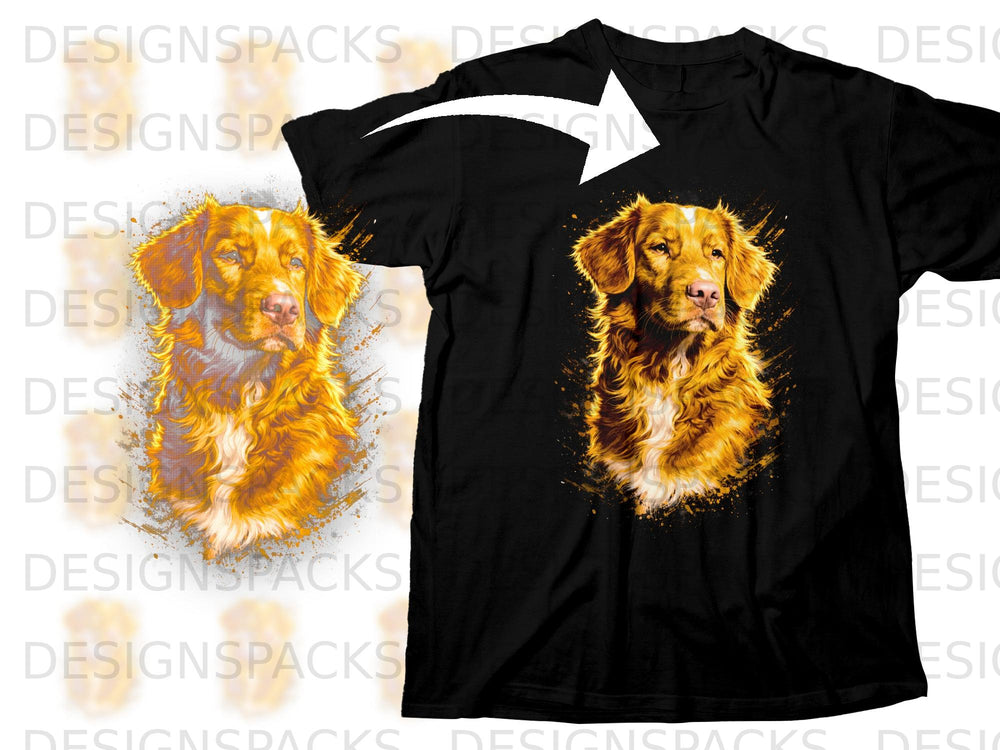 Black t-shirt with a golden retriever illustration featuring a watercolor splatter effect.