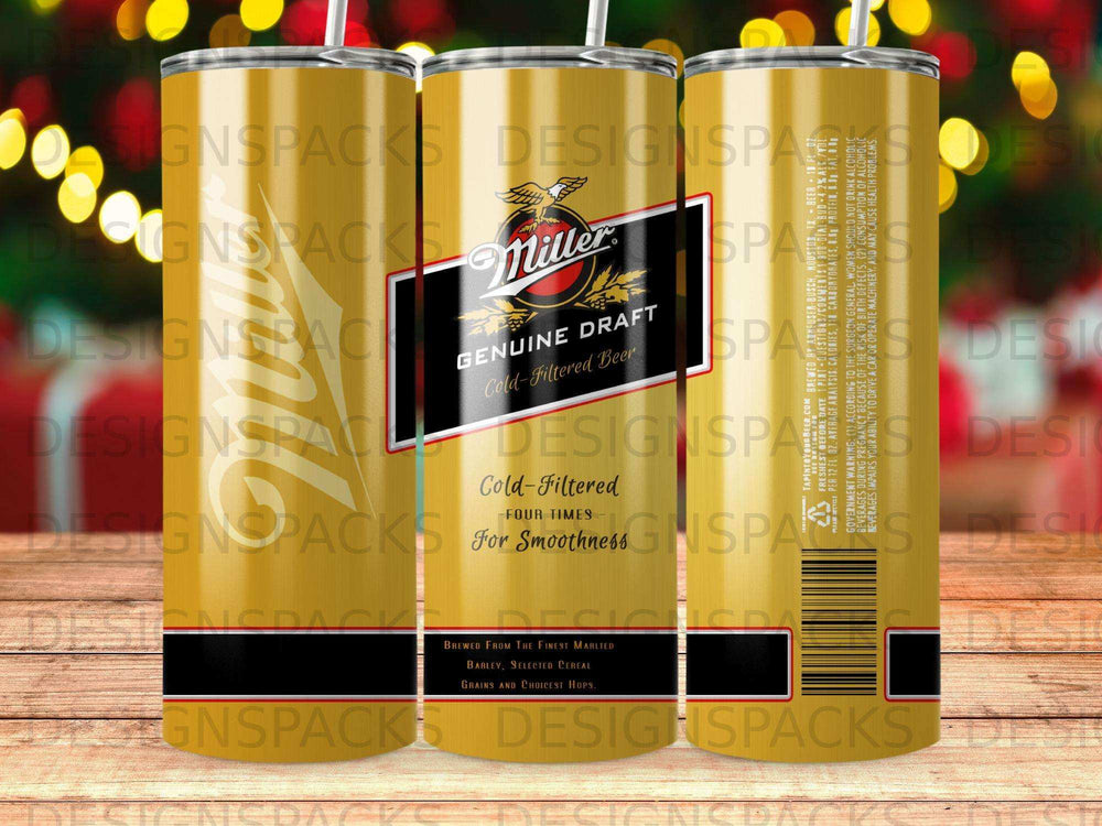 Miller Genuine Draft Cold-Filtered Beer tumbler with label details.