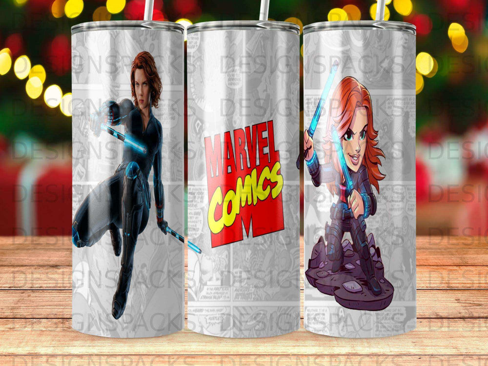 Black Widow comic art on a tumbler with "Marvel Comics" logo.