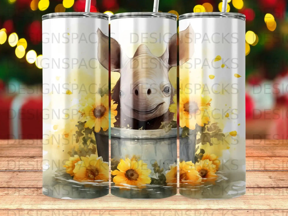 Humorous cartoon horse in a bucket with sunflowers, surrounded by watermarks.