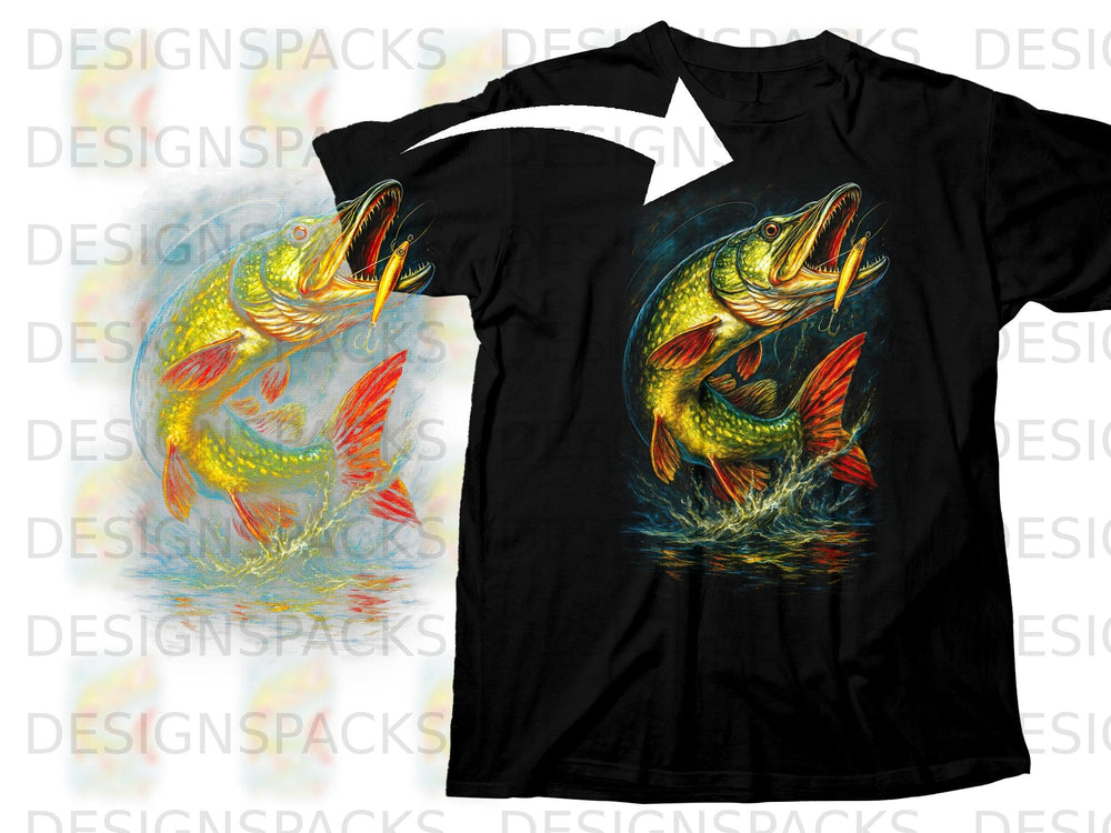 Black t-shirt with a jumping pike fish design and a fishing lure.