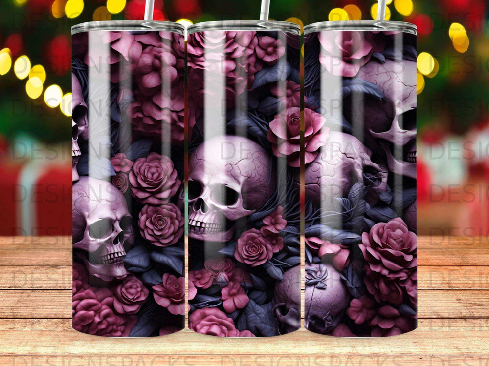 Skulls and dark pink roses on a tumbler.