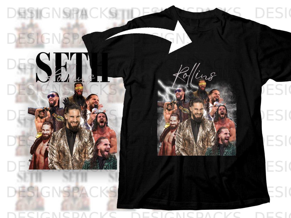 Seth Rollins collage on a black t-shirt with lightning and gold accents.