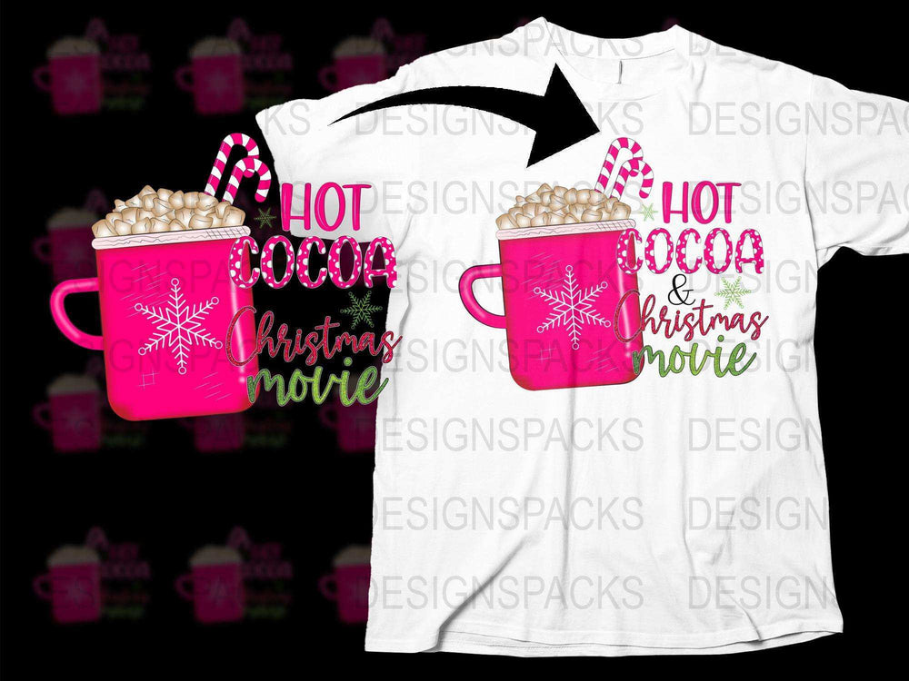 Hot Cocoa Christmas Movie T-Shirt, Pink Mug Graphic Tee, Festive Holiday Apparel, Women's Winter Fashion Shirt