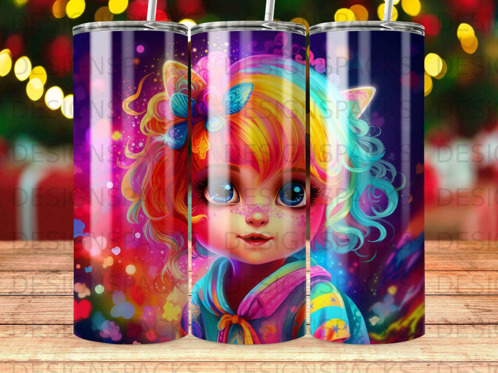 Whimsical cartoon character with colorful hair and butterfly wings against a sparkling background.