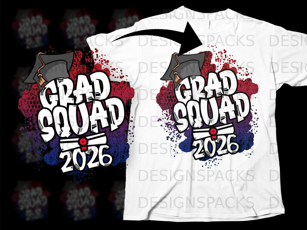 White t-shirt with "GRAD SQUAD 2026" text and graduation cap graphic.