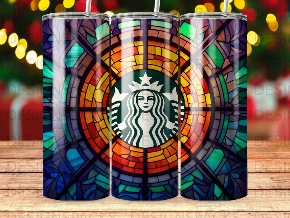 Starbucks logo on a stained glass pattern tumbler.