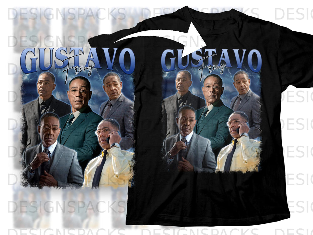 Black t-shirt with multiple Gus Fring portraits and "GUSTAVO Fring" text.