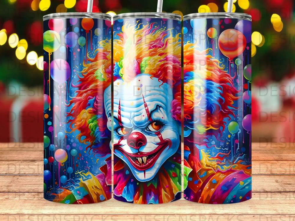 Creepy clown face with colorful hair, balloons, and confetti.