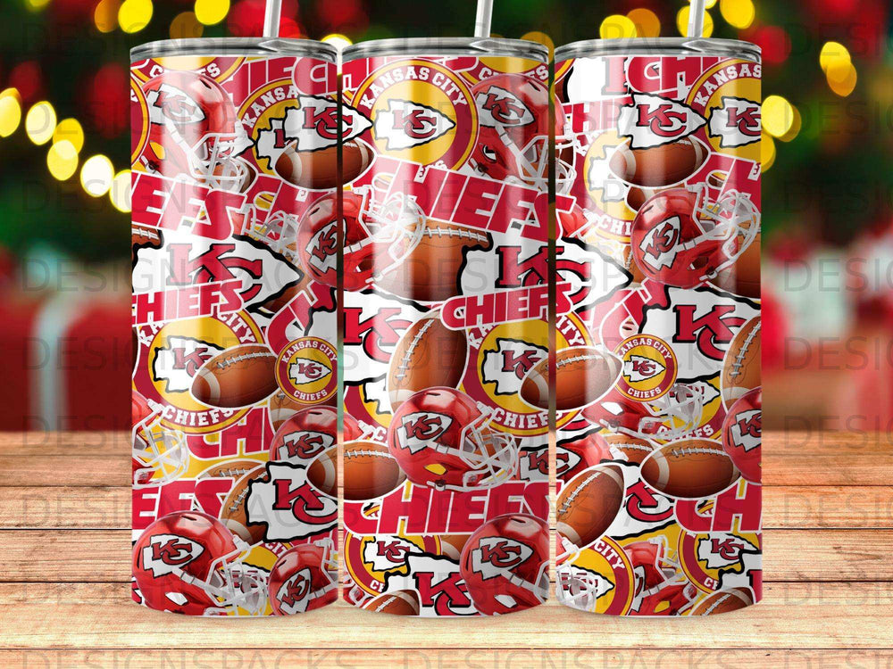 Kansas City Chiefs helmets and footballs on a red pattern tumbler.