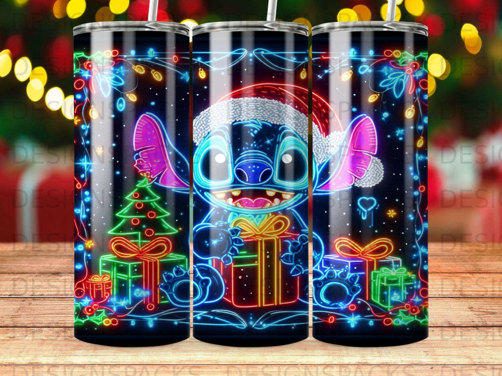 Stitch wearing Santa hat holding gift, surrounded by Christmas lights and presents.
