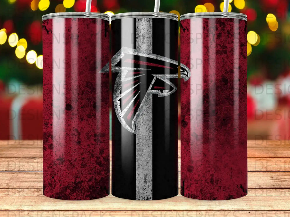 Three tumblers featuring a distressed red background and a black, white, and red falcon logo.