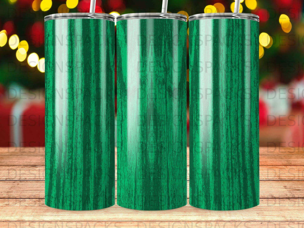 Green wood grain tumbler with logo pattern overlay.