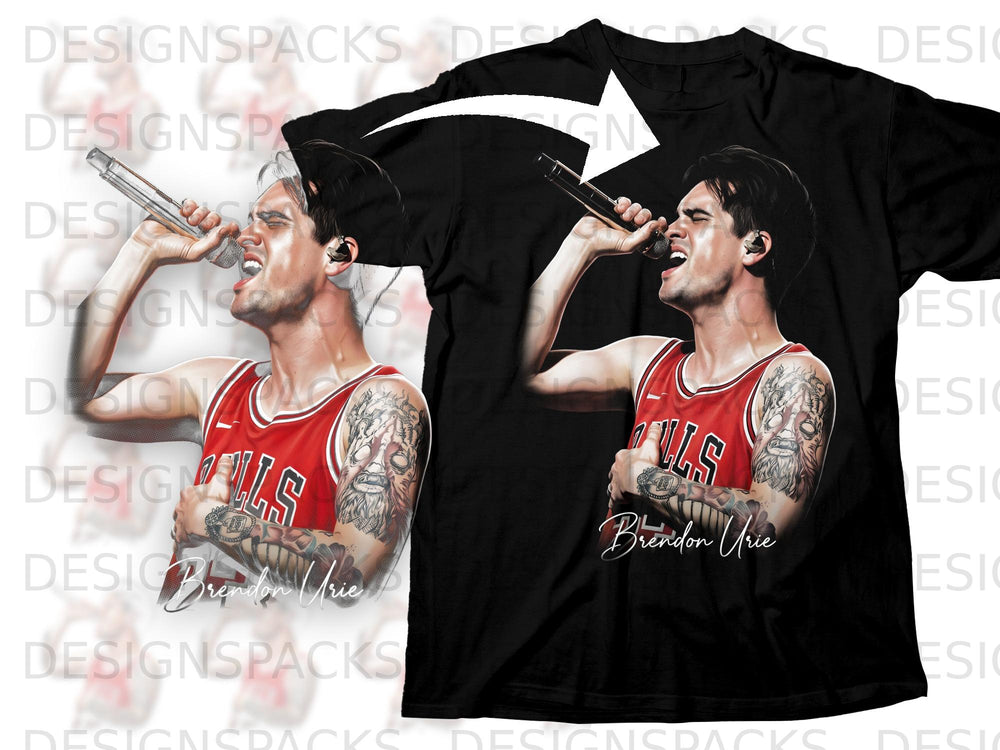 Black t-shirt with Brendon Urie in a red Bulls jersey holding a microphone.