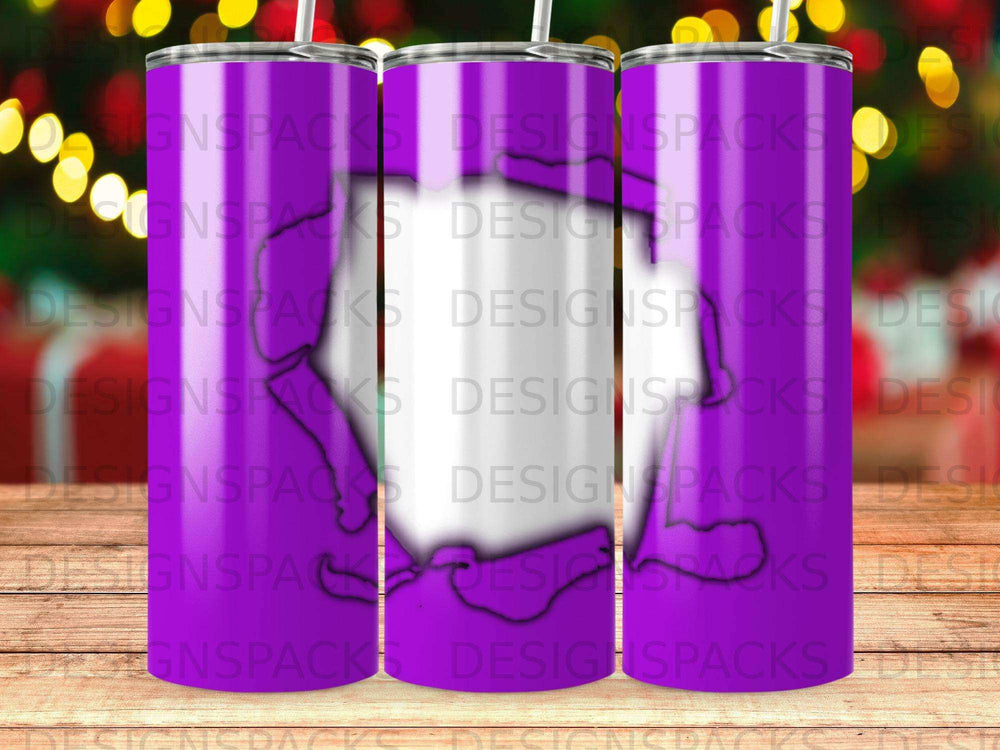 Three purple tumblers with a white abstract design and "DESIGNSPACKS" watermark.