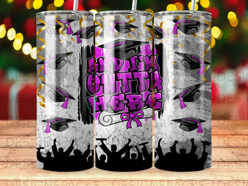 Graduation tumbler with cap silhouettes, diploma, and text 
