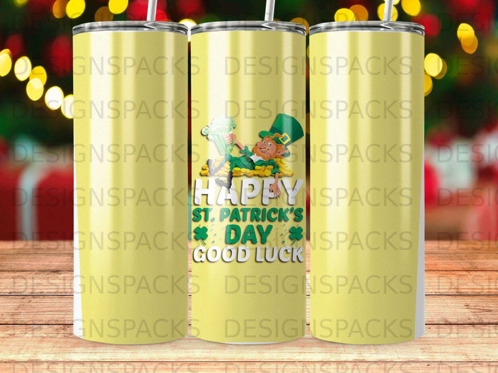 Tumbler with "Happy St. Patrick's Day Good Luck" design.