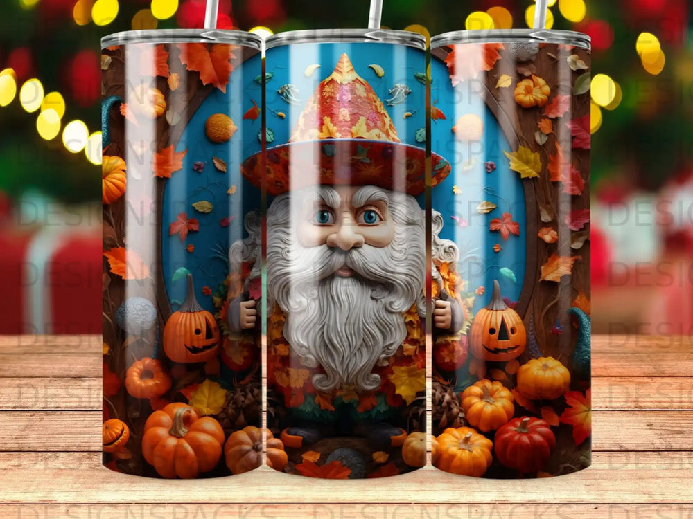 Gnome with pumpkins and fall leaves, wearing a pointy hat.