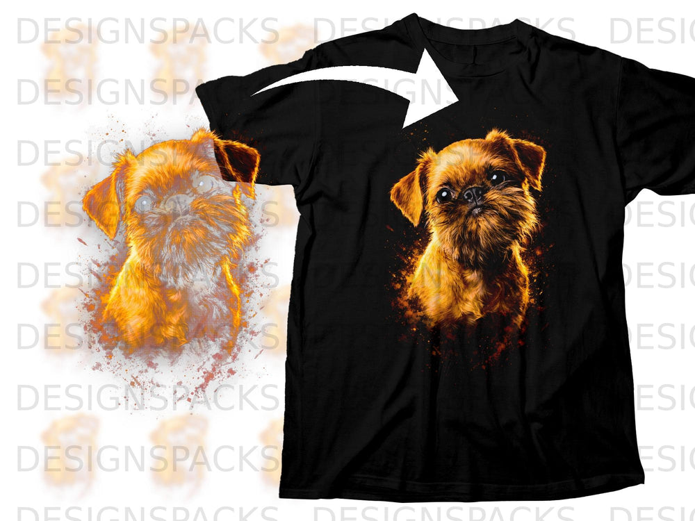 Black t-shirt featuring a portrait of a dog with a fiery, artistic effect.