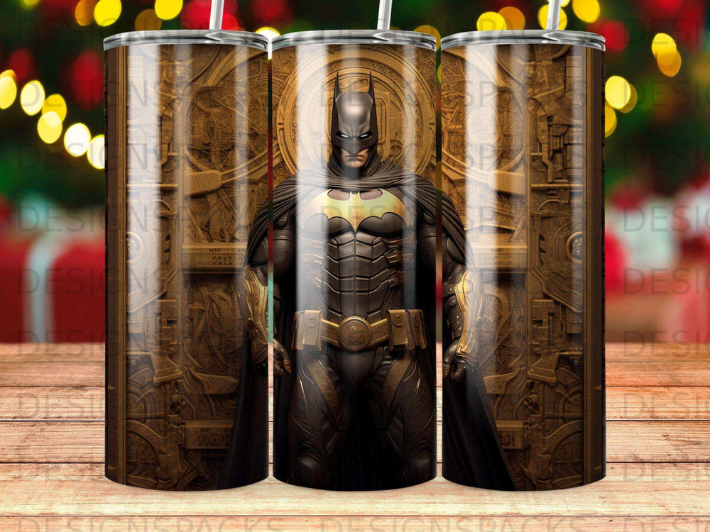 Batman figurine against a detailed gold-toned background.