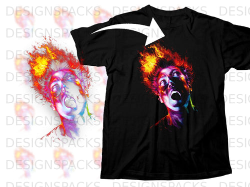 Black t-shirt featuring a screaming face with fiery hair in vibrant colors.
