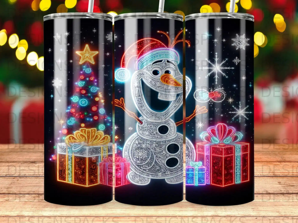 Olaf the snowman wearing a Santa hat with a Christmas tree and gifts.