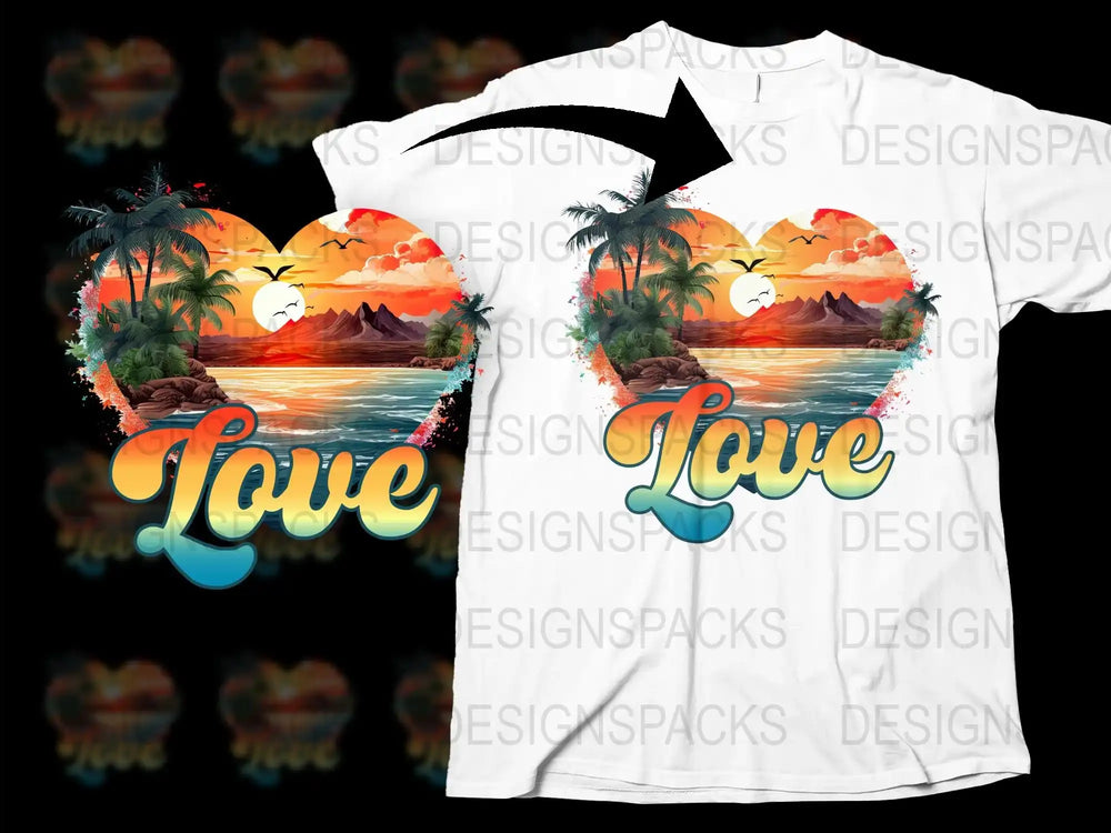 Tropical Love T-Shirt, Sunset Beach Graphic Tee, Romantic Island Print, Summer Fashion Top