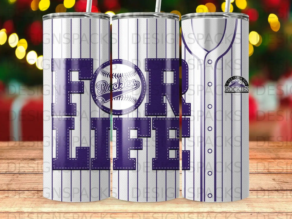 Colorado Rockies "FOR LIFE" tumbler with baseball stitching design.