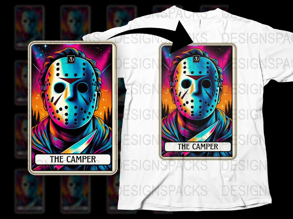 Colorful Horror Mask Graphic T-Shirt, Vibrant Galaxy Print, Unisex Tee, Unique Halloween Costume Idea, The Camper Design